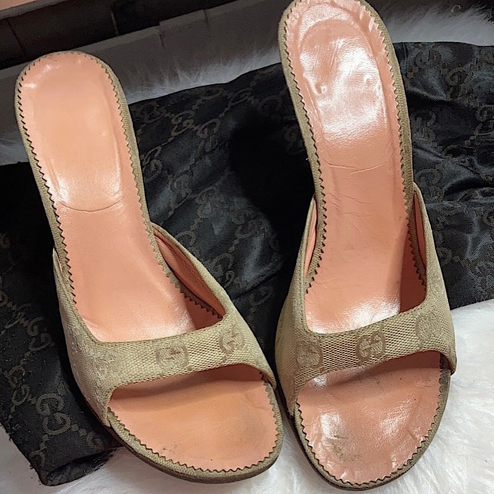 Vintage Authentic Canvas Gucci Mini Monogram Open Toed Heels